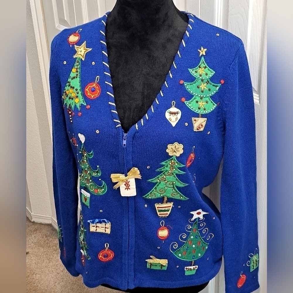 Christmas Collection Women's Zip Up Christmas Tree Sweater  Size S